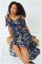 Navy Petite Cold Shoulder Floral Midi Dress, Image 1 of 5