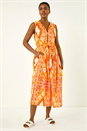 Orange Abstract Tie Neck Midi Dress, Image 2 of 5