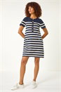 Navy  Stripe Button A-Line Knit Dress, Image 2 of 5