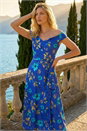 Royal Blue Floral Print Bardot Ruffle Stretch Dress, Image 2 of 4