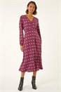 Red Geo Print V-Neck Stretch Midi Dress, Image 2 of 5