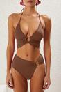 Brown Halterneck Ring Detail Ruched Bikini Set, Image 3 of 4