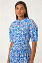 Blue Abstract Print Lace Trim Midi Dress, Image 4 of 5