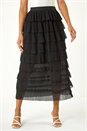 Black Pleat Detail Layered Frill Midi Skirt, Image 1 of 5