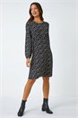 Black Square Print Gathered Stretch Dress, Image 2 of 5