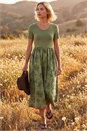 Khaki Floral Print Pocket Midi Dress , Image 1 of 4