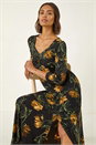 Yellow Floral Print Ruched Stretch Midi Dress, Image 1 of 5