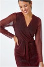 Red Metallic Shimmer Midi Wrap Dress, Image 1 of 5