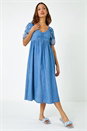 Light Denim Cotton Embroidered Midi Dress, Image 2 of 6