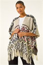 Natural  Jacquard Tassel Trim Poncho, Image 2 of 5