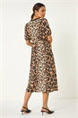Camel  Animal Print Tie Detail Midi Dress, Image 4 of 6