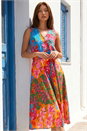 Orange Tropical Print Button Down Midi Dress, Image 1 of 4