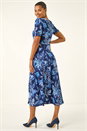 Blue Floral Print Ruched Stretch Midi Dress, Image 3 of 5