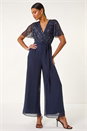 Navy Embellished Beaded V-Neck Jumpsuit, Image 1 of 5