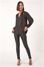 Black Spot Print Foil Tie Neck Top, Image 3 of 5