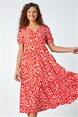 Red Abstract Frill Hem Midi Dress, Image 1 of 5