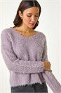 Purple V-Neck Fluffy Knit Jumper, Image 1 of 5