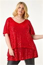Red Curve Sequin Overlay Flute Sleeve Top, Image 4 of 7
