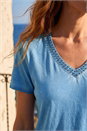 Blue Bead Trim Detail V-Neck Top, Image 4 of 4
