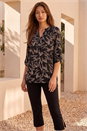 Beige Textured Abstract Print V-Neck Stretch Shirt, Image 2 of 4