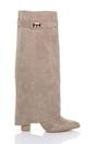 Khaki AJVANI Khaki High Block Heel Pointed Toe Fold Over Knee Boots, Image 1 of 4
