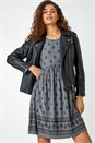 Grey Paisley Border Print Stretch Dress , Image 1 of 5