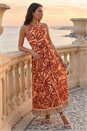 Rust Abstract Pleated Halter Neck Maxi Dress , Image 1 of 4