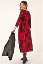 Red Rose Print Gathered Stretch Midi Dress, Image 3 of 5
