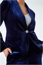 Midnight Blue Velvet Diamante Button Stretch Blazer, Image 4 of 6