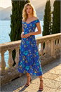 Royal Blue Floral Print Bardot Ruffle Stretch Dress, Image 1 of 4