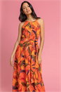 Orange Floral Print Tie Waist Chiffon Maxi Dress, Image 3 of 5