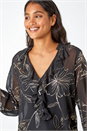 Black Metallic Floral Print V-Neck Ruffle Top, Image 4 of 5