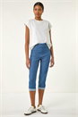 Denim Turn Up Stretch Cropped Cargo Trousers, Image 2 of 5
