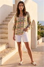 Khaki Ikat Print Flare Sleeve Top, Image 2 of 4