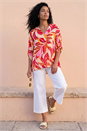 Red Leaf Print V-Neck Pleat Front Top, Image 2 of 4