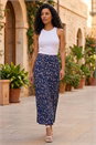 Navy  Floral Print Elastic Waist Midi Stretch Skirt, Image 1 of 4