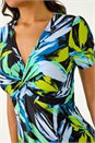 Blue Leaf Print Twist Front Midi Dress, Image 5 of 5