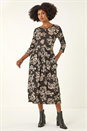 Black Floral Pocket Stretch Midi Dress, Image 2 of 5