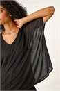 Black Glitter Mesh Overlay Tunic Stretch Top, Image 5 of 5