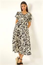 Black Abstract Print Button Midi Dress, Image 1 of 5