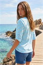 Blue Petite Stripe V-Neck Button Top, Image 3 of 4