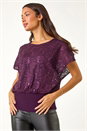 Purple Sequin Lace Overlay Stretch Top, Image 4 of 5
