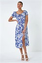 Blue Floral Tie Detail Midi Dress, Image 2 of 5