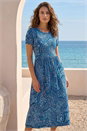 Blue Petite Paisley Print Gathered Midi Dress, Image 1 of 4