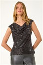 Black Sequin Cowl Neck Stretch Jersey Top, Image 4 of 5