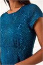 Teal Sequin Fluted Hem Lace Stretch Dress, Image 5 of 5
