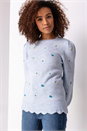 Light Blue  Floral Embroidered Scallop Hem Jumper, Image 5 of 5