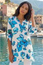 Blue Floral Wrap Hem Stretch Tunic Top, Image 1 of 4