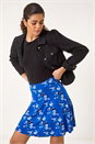 Royal Blue Floral Print Stretch Skater Skirt, Image 3 of 5