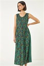 Teal Paisely Leaf Print Shirred Midi Dress, Image 2 of 5